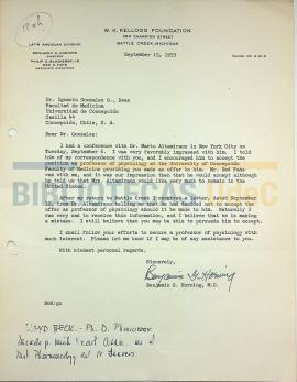 Carta del Dr. Benjamin Horning al Dr. Ignacio González G.
