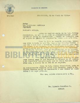 Carta del Dr. Ignacio González G. al Dr. Guillermo Beddings.