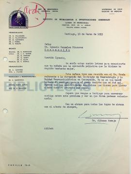 Carta del  Dr. Alfonso Asenjo al Dr. Ignacio González Ginouvés.