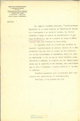 Carta del Dr.  Ignacio González Ginouvés al Dr. Carlos Avendaño presentando nuevo cargo de Estadí...