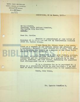 Carta del Dr. Ignacio González G. al Doctor H. B. Castle.